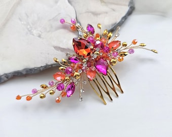 Fuchsia orange crystal hair comb, Hot pink orange bridal hair accessory, Gold hair piece, Orange bridal hair comb, Fuchsia headpiece