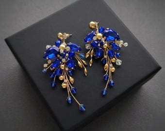 Orecchini a lobo con cristalli blu royal, orecchini vistosi con zaffiri, orecchini blu notte, orecchini blu per matrimonio, orecchini per feste estive