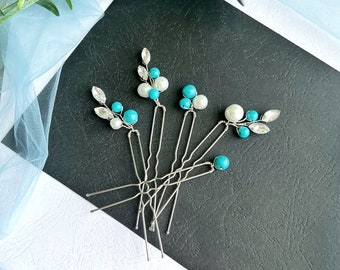 Turquoise with Pearl hair pins Bridal hair pins wedding bun pin Bridal hair piece Wedding hair pins Mother of pearl hair pin Minimalist hair