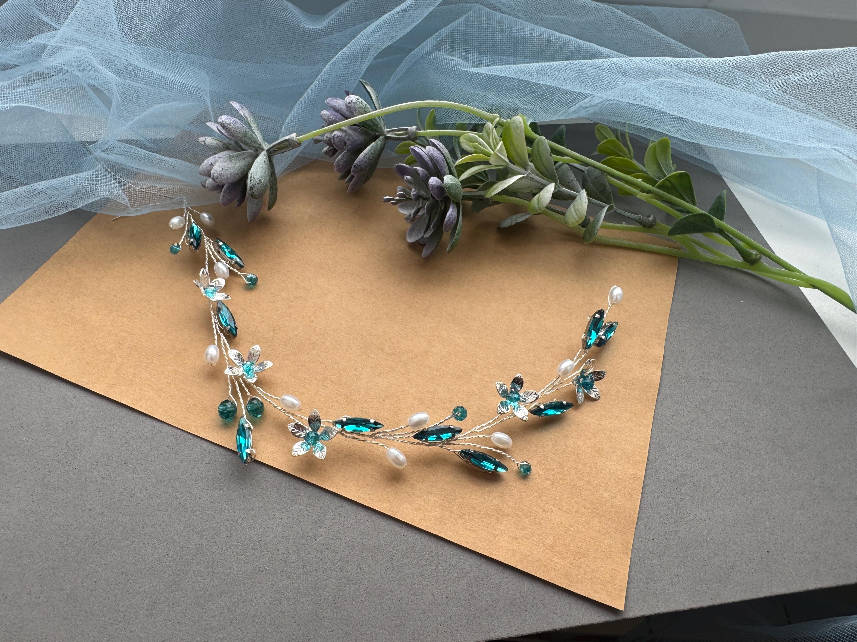 パートドヴェールペアグラス(ブルーグリーン) Blue Hair Vine Turquoise Hair Piece Aquamarine Hair Piece Wedding