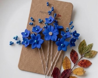 Dark blue flower headpiece, Blue floral hair clip, Royal blue hair pins, Dark blue floral headpiece, Royal blue hair piece, Indigo hair clip