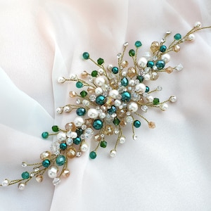 Pettine per capelli con perle verde smeraldo: copricapo da sposa, gioielli fatti a mano