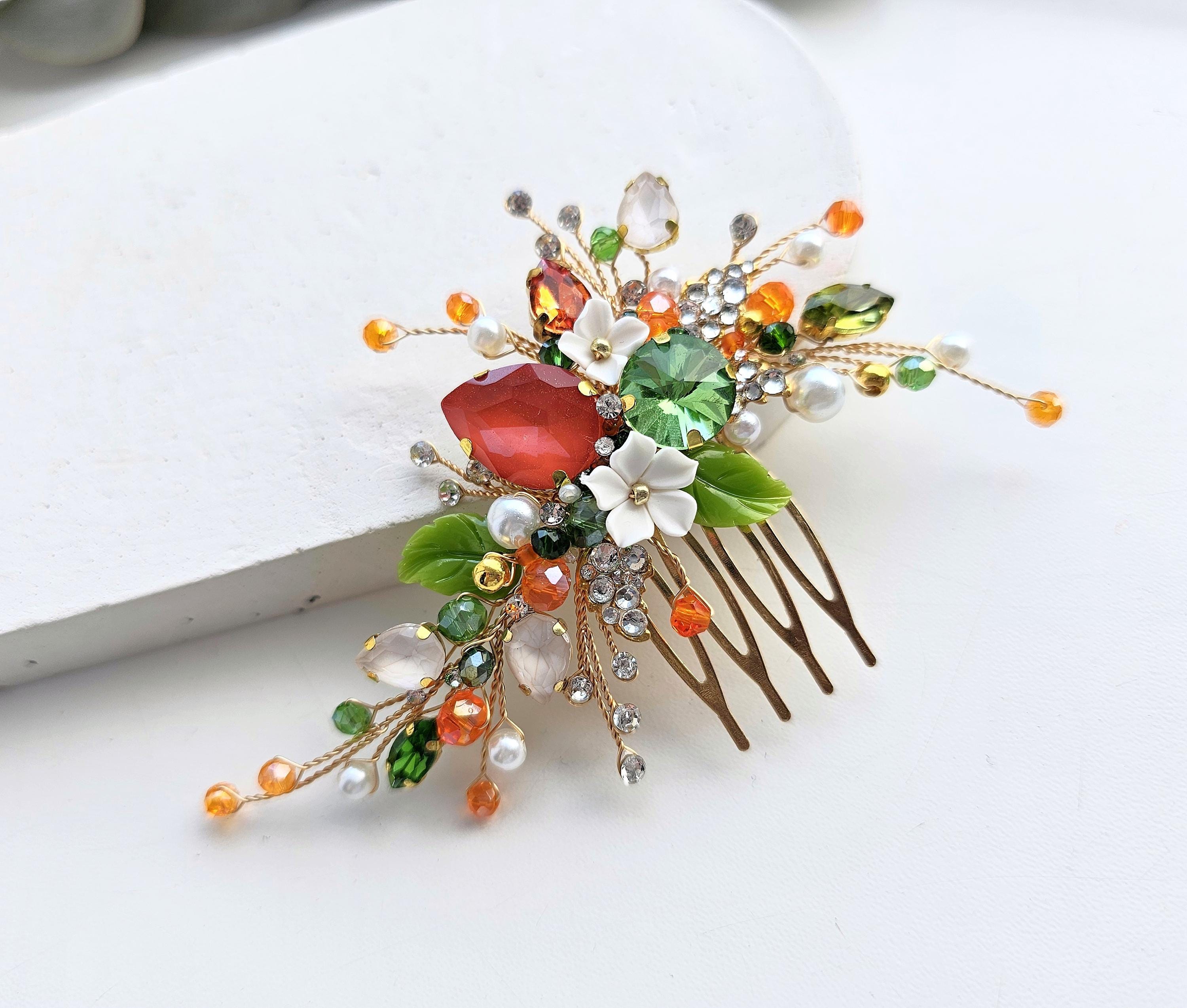 Hair accessory set, green and orange flower ornaments