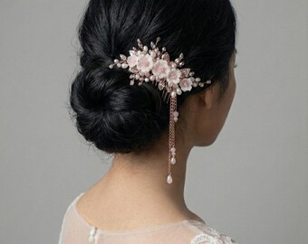 Peineta de novia Sakura, pieza floral dorada para boda, pinza para el cabello de flores de cerezo, pinzas florales chinas Hanfu, accesorios para el cabello de boda