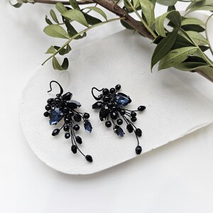 May include: A pair of dangle earrings featuring dark black wire, small black beads, and faceted deep blue crystal stones arranged in a cluster design. The earrings have a hook-style closure and a delicate, branching structure with multiple dangling elements.