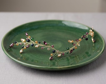 Moss agate garnet bridal hair vine Burgundy crystal hair piece Green marsala hair vine Gold Green ruby headpiece Moss agate garnet hair clip