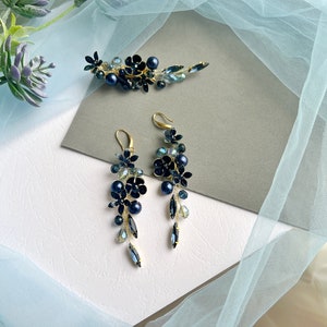 Dark Blue Flower Petal Earrings, Floral Spring Earrings, Summer Floral Earrings, Unique Bridesmaid Earrings, Unique Bridal Party Earrings