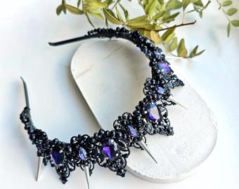 Purple Black Crystal Crown, Black wedding crown, Gothic wedding crown, Spike crown Black tiara with metal spikes, The Queen's crown