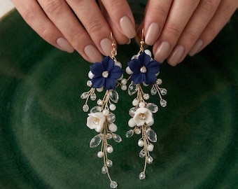 Indigo Blue white Floral Earrings, Navy Flower Earrings, Blue Dangle Earrings, Fairy Flower Earrings, Gift For Her, Midnight Blue Earrings