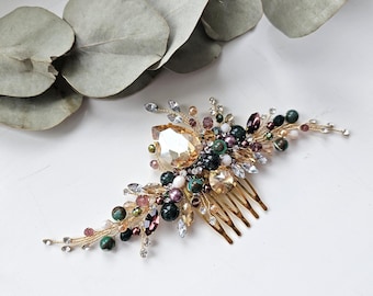 Gold moss agate bridal hair comb, Ivory crystals hair piece, Emerald bridal hair comb, ivory crystal hair comb, Champagne hair accessories