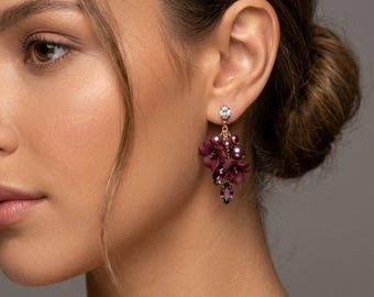 Deep Burgundy floral stud earrings,  Ruby statement earrings, Maroon crystal earrings for wedding, Mauve Earrings for summer party