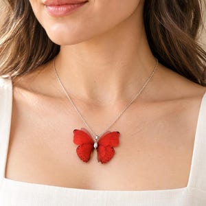 Handmade Red Silk Butterfly Necklace, Boho Silver Pendant