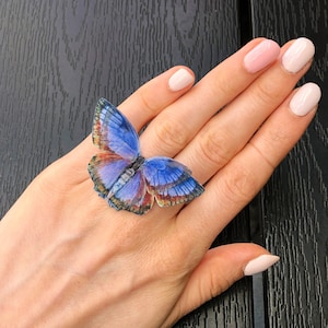 Indigo Blue Butterfly Ring, Nature-Inspired Statement Ring for Boho Style Lovers, Fluttering Butterfly Ring Adjustable Size, Aesthetic Ring