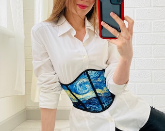 Whimsigoth Underbust Corset Belt, Starry Night Van Gogh Inspired