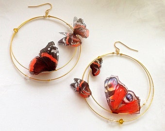 Hoops Earrings with silk Butterfly Wings Hoop Earrings with Magic Ruby Butterflies Custom design Red Hoop Earrings Butterfly Earrings