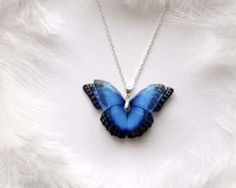 Handmade Blue Morpho Butterfly Necklace, Boho Silk Jewelry