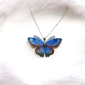 Blue butterfly pendant necklace on white feathers background