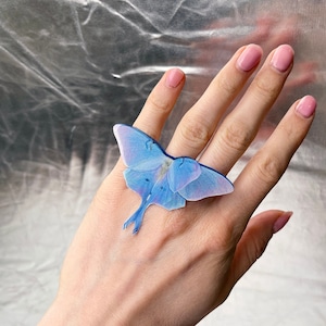 Blue Lunar Moth Ring - Perfect Christmas Gift for Her, Blue Luna Moth Ring Jewelry, Nature-Inspired Statement Ring for Boho Style Lovers