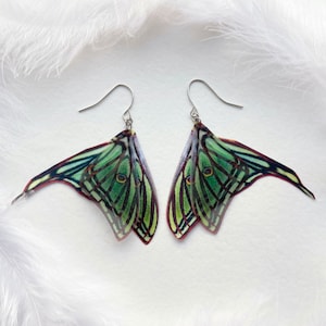 Boho Luna Moth Wing Earrings, Green Fairy Elven Style
