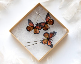 Christmas set: Monarch Butterfly Earrings + Butterfly Hairpin, Ready Christmas Gist, Silk Butterfly Earrings, Silk Butterfly Hairpin
