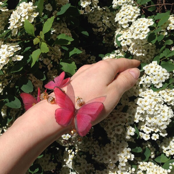 Creative Bracelet of Magenta silk Butterfly wings, Contrasting Butterfly Bangles, Chunky Bangles with Wings, Exquisite Bohemian Bracelet