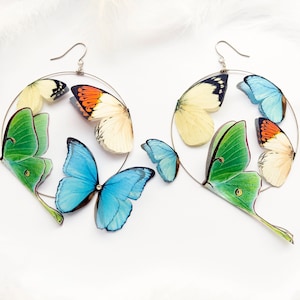 Handmade Luna Moth Hoop Earrings, Boho Floral Butterfly Earrings