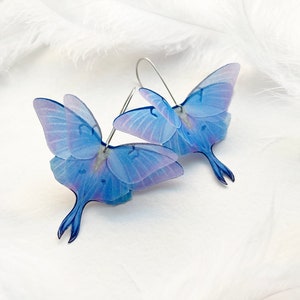 Moon luna moth earrings with 3D wings hand made of silk with unique blue orchid color perfect Christmas gift for any butterfly lover