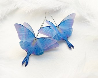 Moon luna moth earrings with 3D wings hand made of silk with unique blue orchid color perfect Christmas gift for any butterfly lover