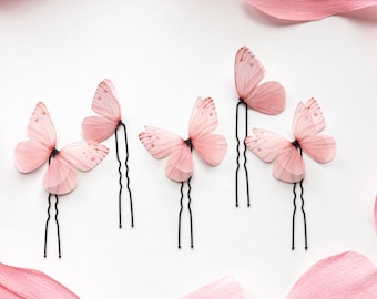 Blush Pink Butterfly Hairpin set, Cute Gift for Her Butterfly Hair, Pale Pink Butterfly Bobby Pins Set, Pink Butterflies Hair Clips Set