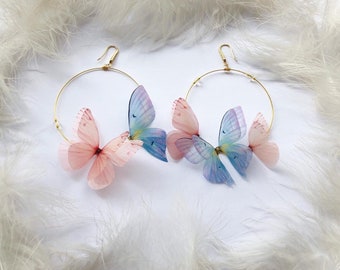 Hoops Earrings with silk Butterfly Wings Hoop Earrings with Magic Ruby Butterflies Custom design Red Hoop Earrings Butterfly Earrings