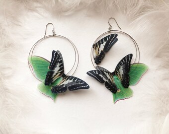 Hoops Earrings with silk Butterfly Wings Hoop Earrings with Magic Ruby Butterflies Custom design Red Hoop Earrings Butterfly Earrings