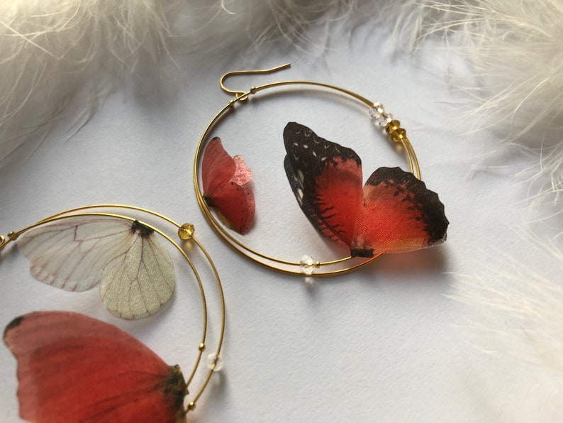 Hoops Earrings with silk Butterfly Wings Hoop Earrings with Magic Ruby Butterflies Custom design Red Hoop Earrings Butterfly Earrings