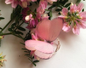 Handmade Baby Pink Butterfly Ring with Silk Wings - Adjustable and Feminine Jewelry for Nature Lovers, Perfect for Spring