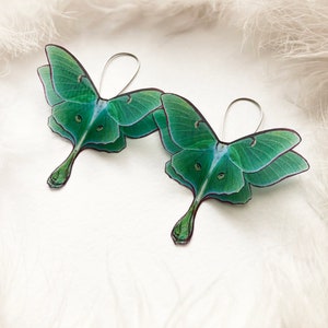 Silk Luna Moth Earrings with sterling silver base on white background