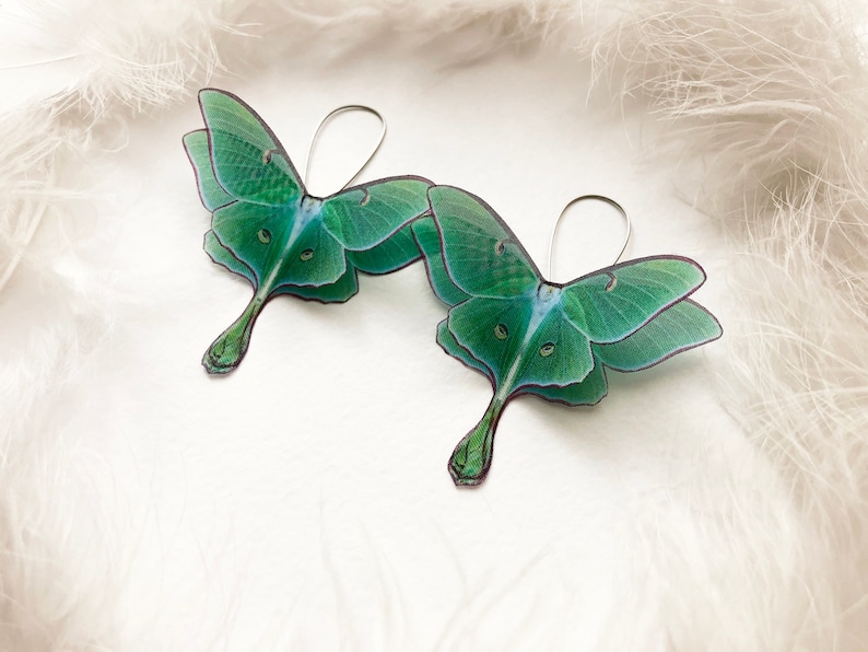 Silk Luna Moth Earrings with sterling silver base on white background