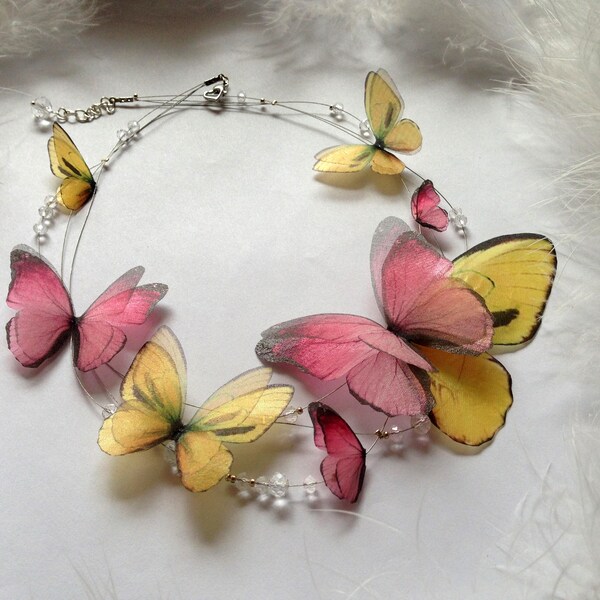 Butterfly necklace, Colorful butterfly necklace,Butterfly jewelry, Wing necklace,Silk Jewelry,Handmade Silk Butterfly, Organza Butterfly Jew