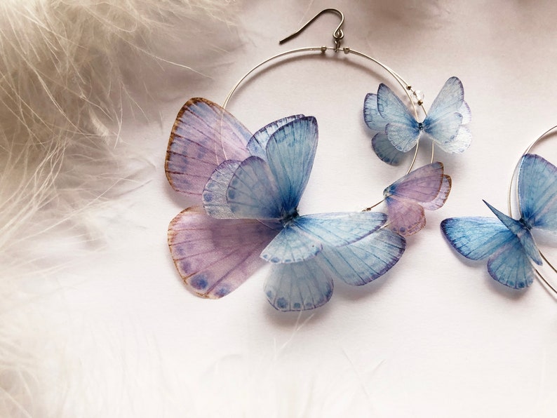 Dreamy Hoops Earrings Butterflies from Gracia Set for Boho Chic Look on Party Butterfly Earrings Hoop Earrings of Silk Butterfly wings