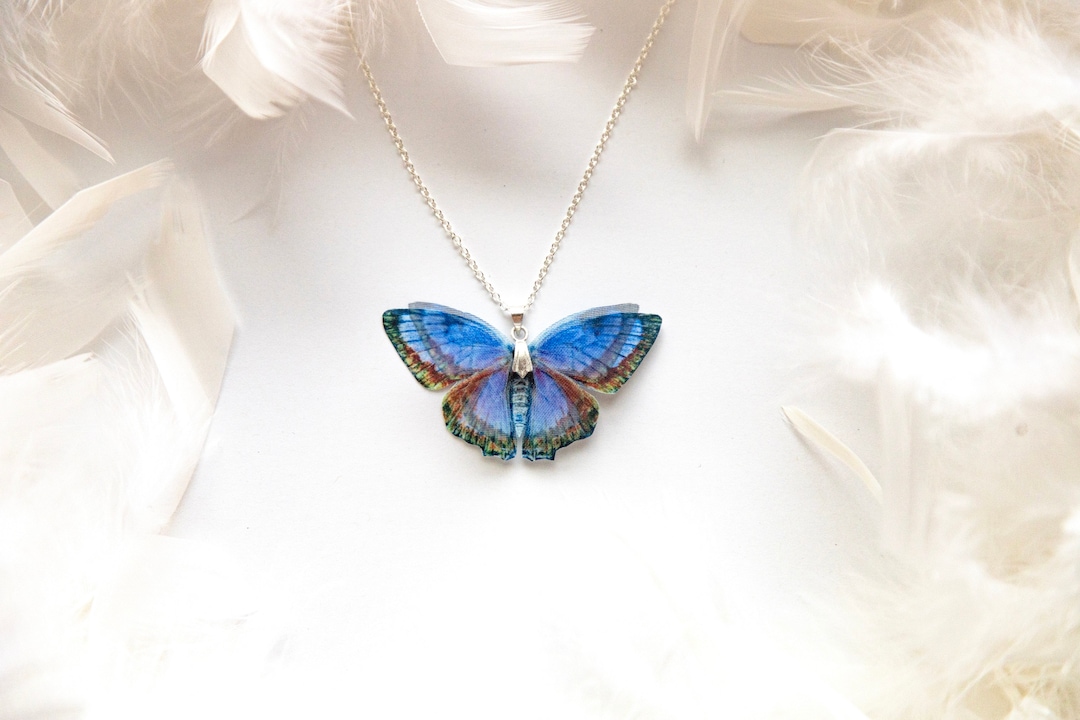 Ocean Blue Butterfly Pendant Necklace Handmade in Boho Chic Style