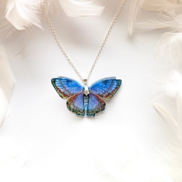 Ocean Blue Butterfly Pendant Necklace, Boho Chic Handmade Jewelry