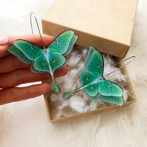 Green Luna Moth earrings with a gift box hypoallergenic sterling silver base