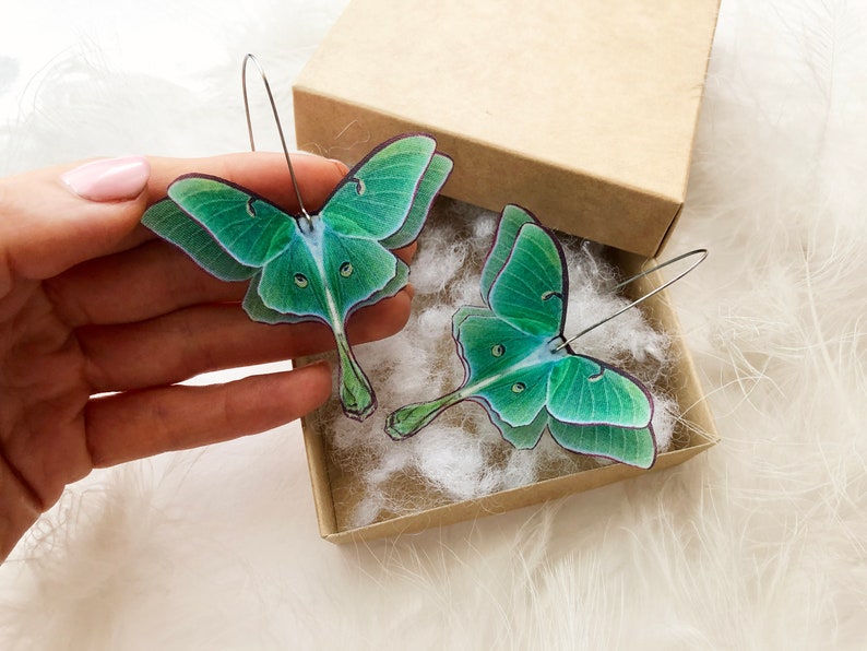 Green Luna Moth earrings with a gift box hypoallergenic sterling silver base