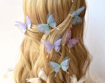 SET: "Flower Girl" of 3 Silk Organza Butterfly Hairpins, Butterfly Clips, Silk Butterfly Hair Clip, Butterfly Bridal Hairpins, Unique Pins