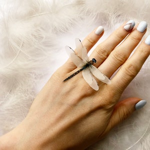 Big Dragonfly Ring, Ring with Ivory Dragonfly, Adjustable ring with wings, Silk Dragonfly ring, Classic ring, Christmas gift