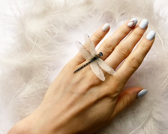 Big Dragonfly Ring, Ring with Ivory Dragonfly, Adjustable ring with wings, Silk Dragonfly ring, Classic ring, Christmas gift