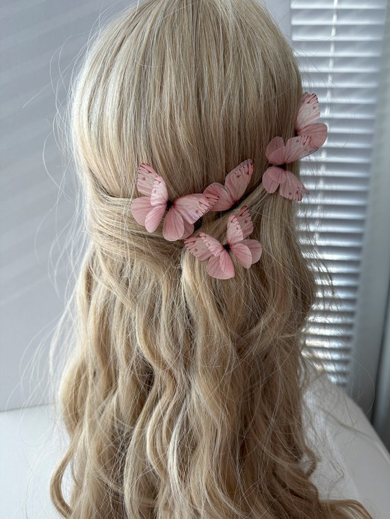 Blush Pink Silk Butterfly Hairpins, Boho Hair Clips, Set of 