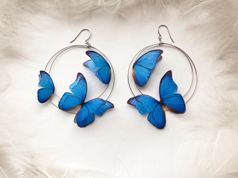 Big Hoop Earrings with 3D Sapphire Blue Butterflies Bright Etsy