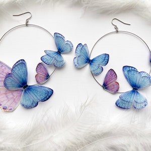 Handmade Boho Hoop Earrings with Faux Butterflies, Unique Fairy Jewelry, Cute Gift Idea for Christmas, Aesthetic Earrings, Lilac Earrings