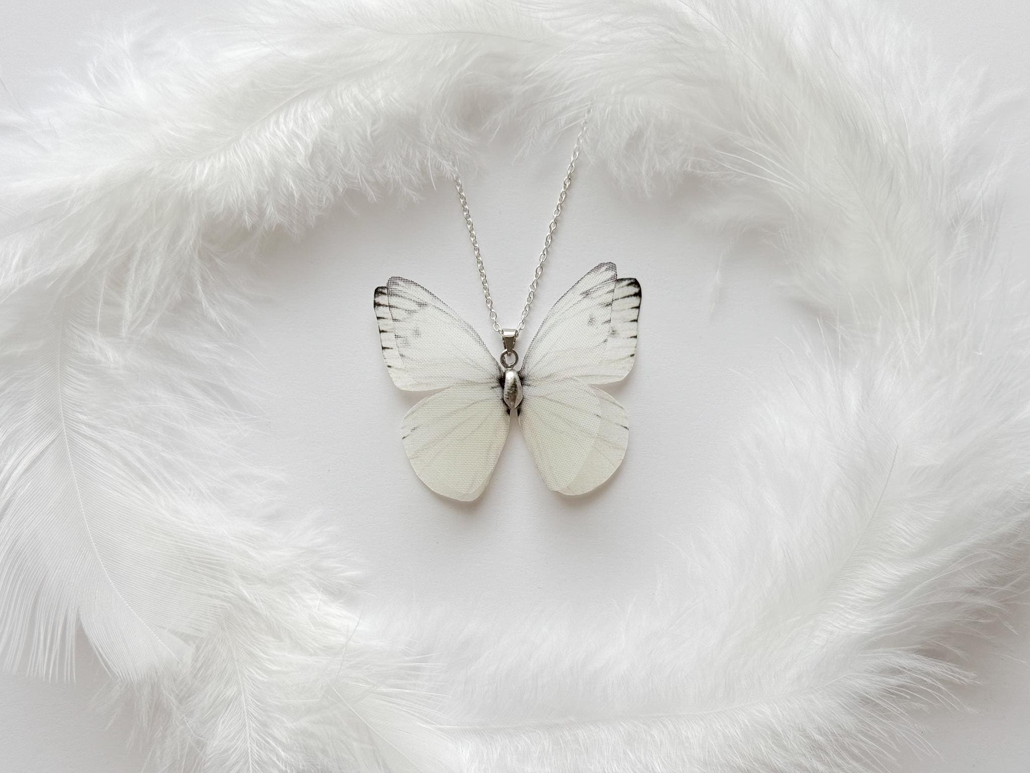 White Silk Butterfly Pendant Necklace, Handmade Boho Chic Jewelry, Delicate Christmas Gift for Butterfly Lovers, Cute and Elegant Accessory
