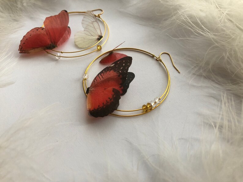 Hoops Earrings with silk Butterfly Wings Hoop Earrings with Magic Ruby Butterflies Custom design Red Hoop Earrings Butterfly Earrings