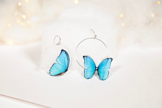 Handmade Boho Style Blue Butterfly Hoop Earrings, Unique Jewelry